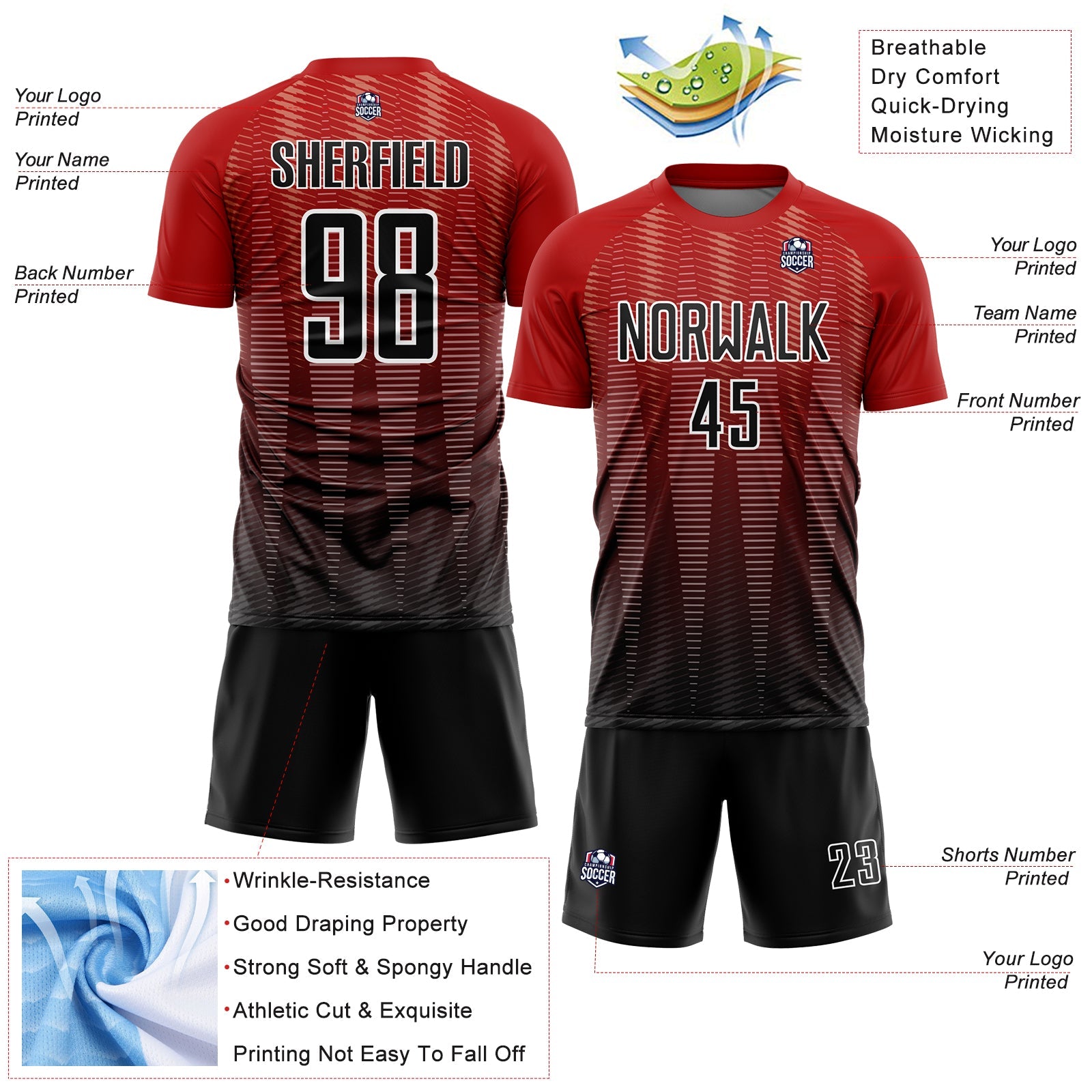 Custom Red Black-White Gradient Line Sublimation Soccer Uniform Jersey view 4