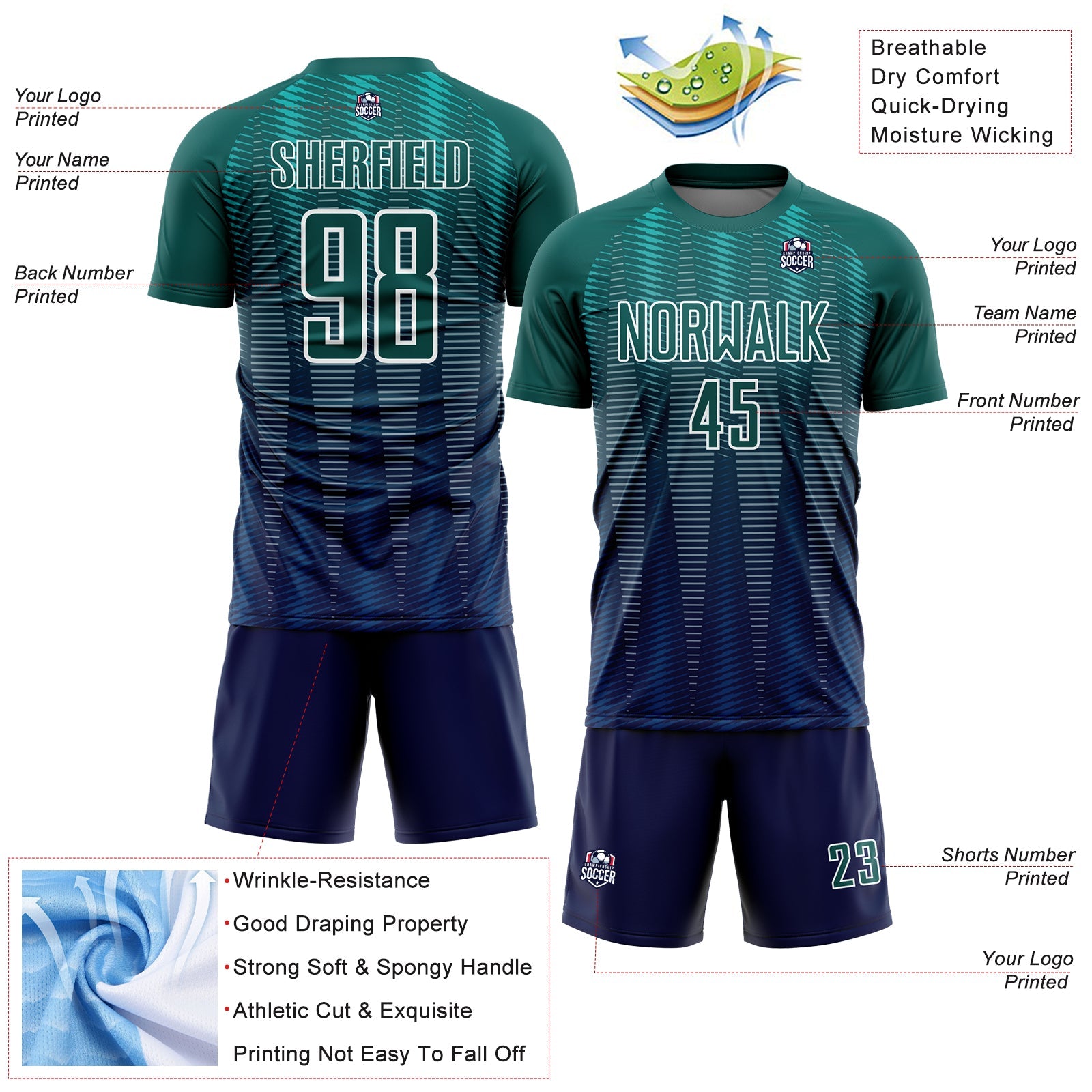 Custom Neon Green Navy-White Gradient Line Sublimation Soccer Uniform Jersey view 4