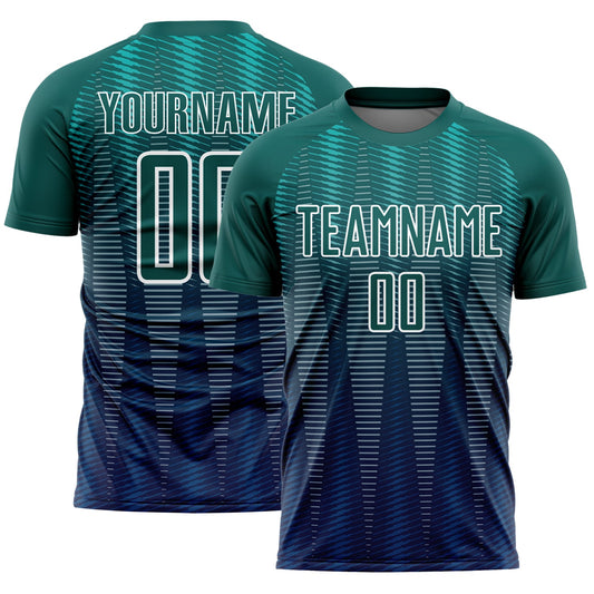Custom Neon Green Navy-White Gradient Line Sublimation Soccer Uniform Jersey - Main View