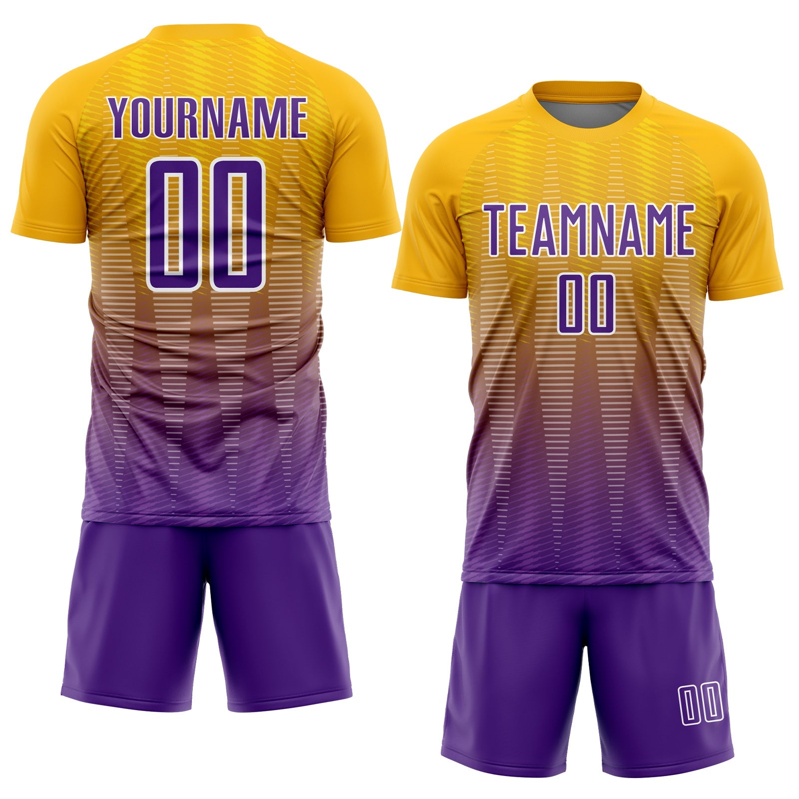Custom Gold Purple-White Gradient Line Sublimation Soccer Uniform Jersey view 2