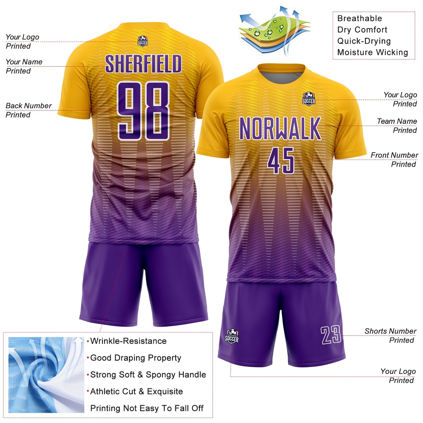 Custom Gold Purple-White Gradient Line Sublimation Soccer Uniform Jersey view 4