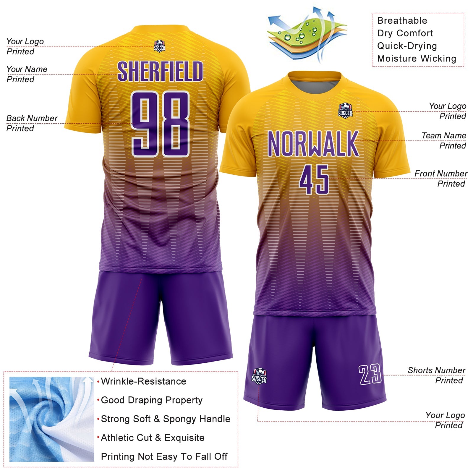Custom Gold Purple-White Gradient Line Sublimation Soccer Uniform Jersey view 4