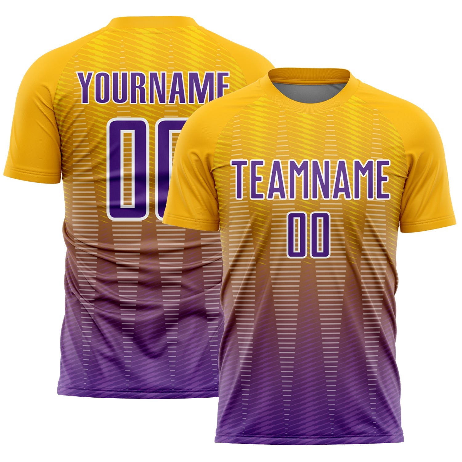 Custom Gold Purple-White Gradient Line Sublimation Soccer Uniform Jersey - Main View