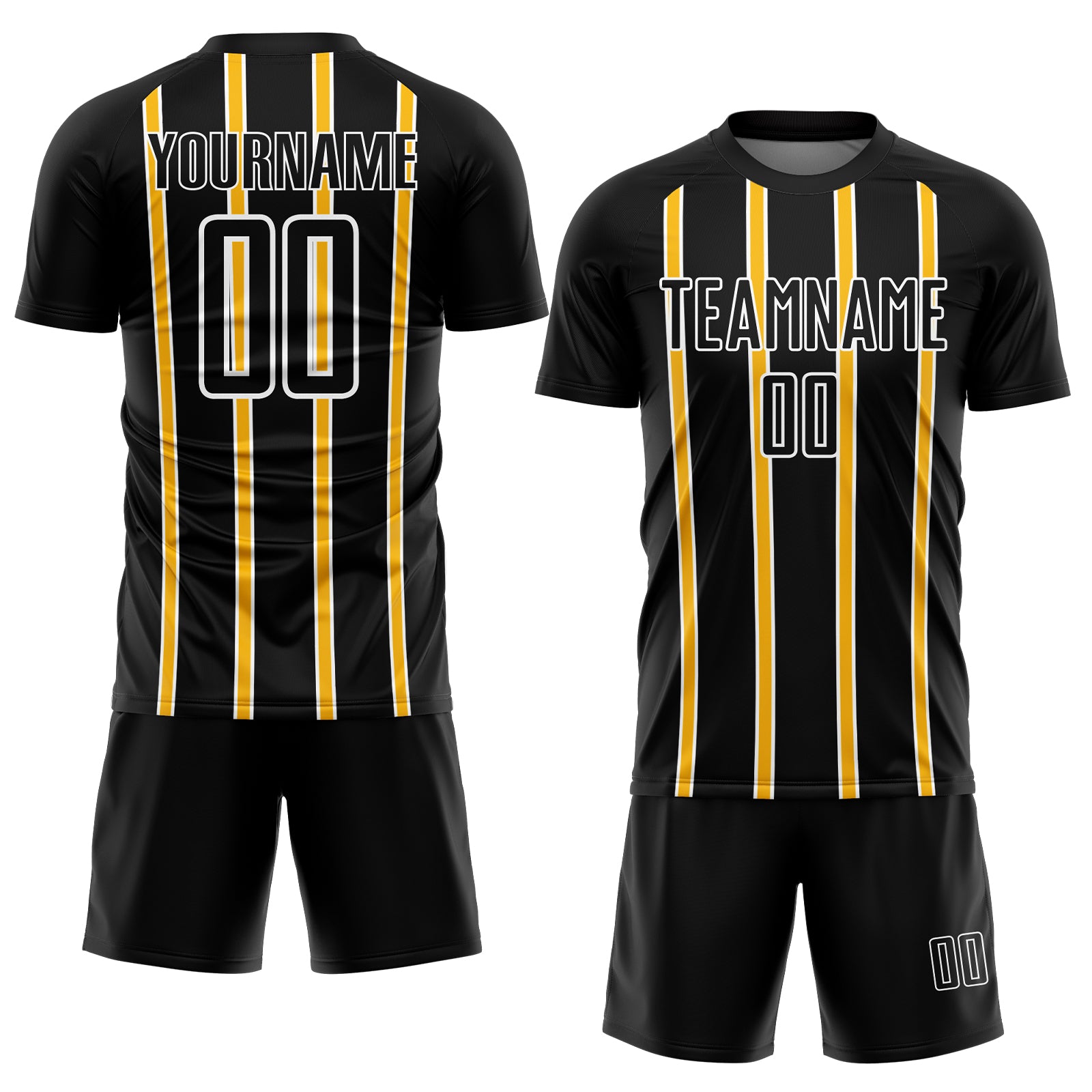 Custom Black Gold-White Stripe Line Sublimation Soccer Uniform Jersey view 2