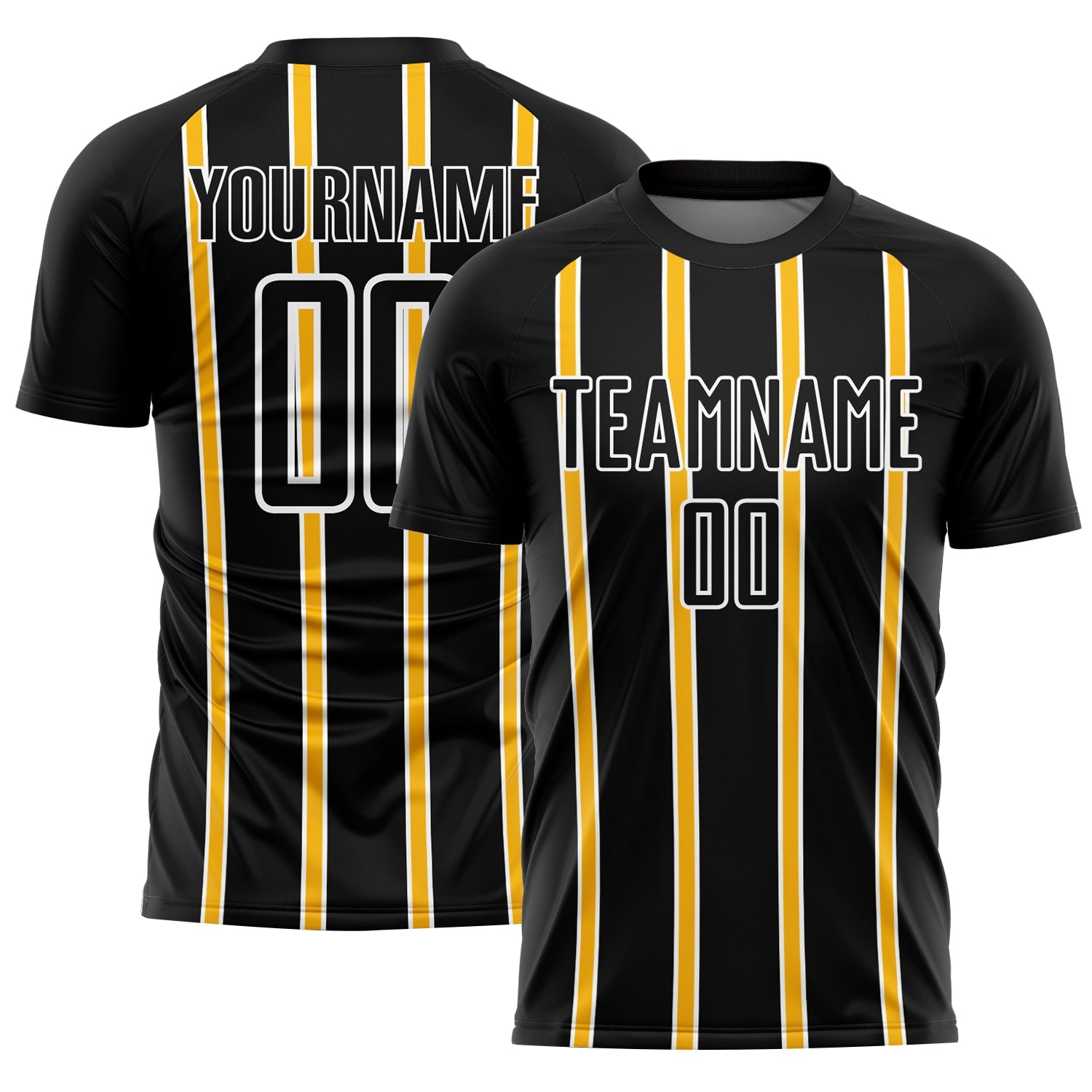 Custom Black Gold-White Stripe Line Sublimation Soccer Uniform Jersey - Main View