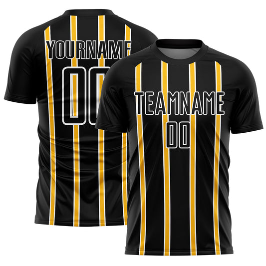 Custom Black Gold-White Stripe Line Sublimation Soccer Uniform Jersey - Main View