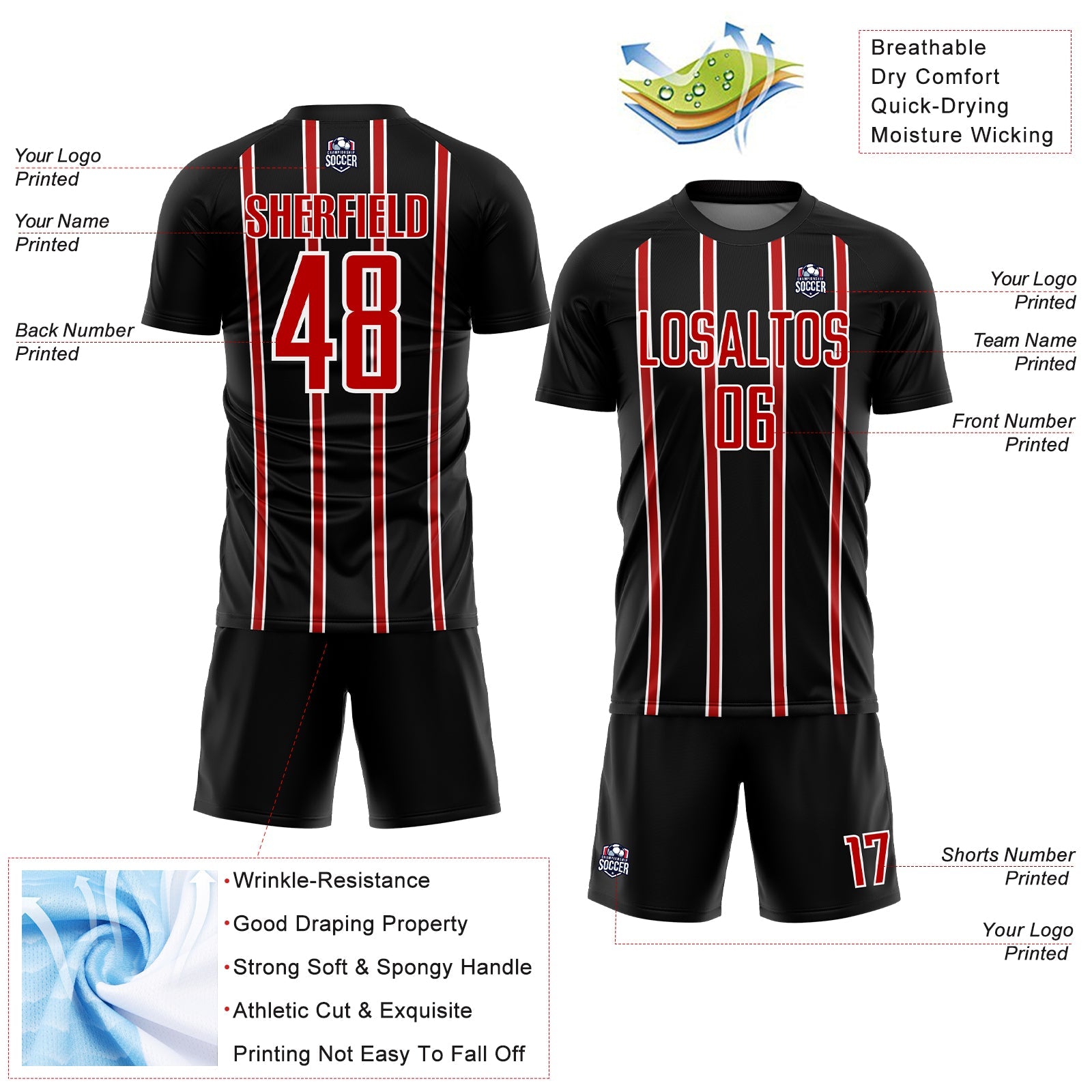 Custom Black Red-White Stripe Line Sublimation Soccer Uniform Jersey view 4