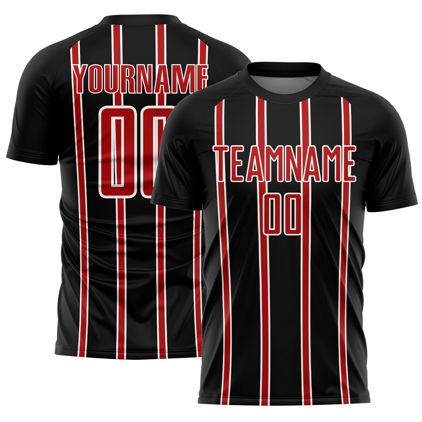 Custom Black Red-White Stripe Line Sublimation Soccer Uniform Jersey - Main View