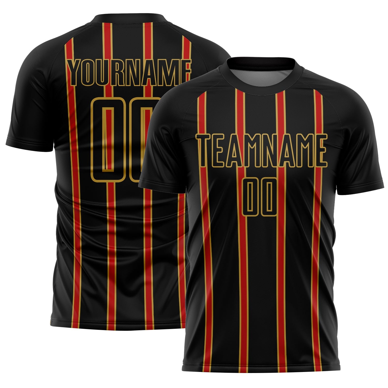 Custom Black Red-Old Gold Stripe Line Sublimation Soccer Uniform Jersey - Main View