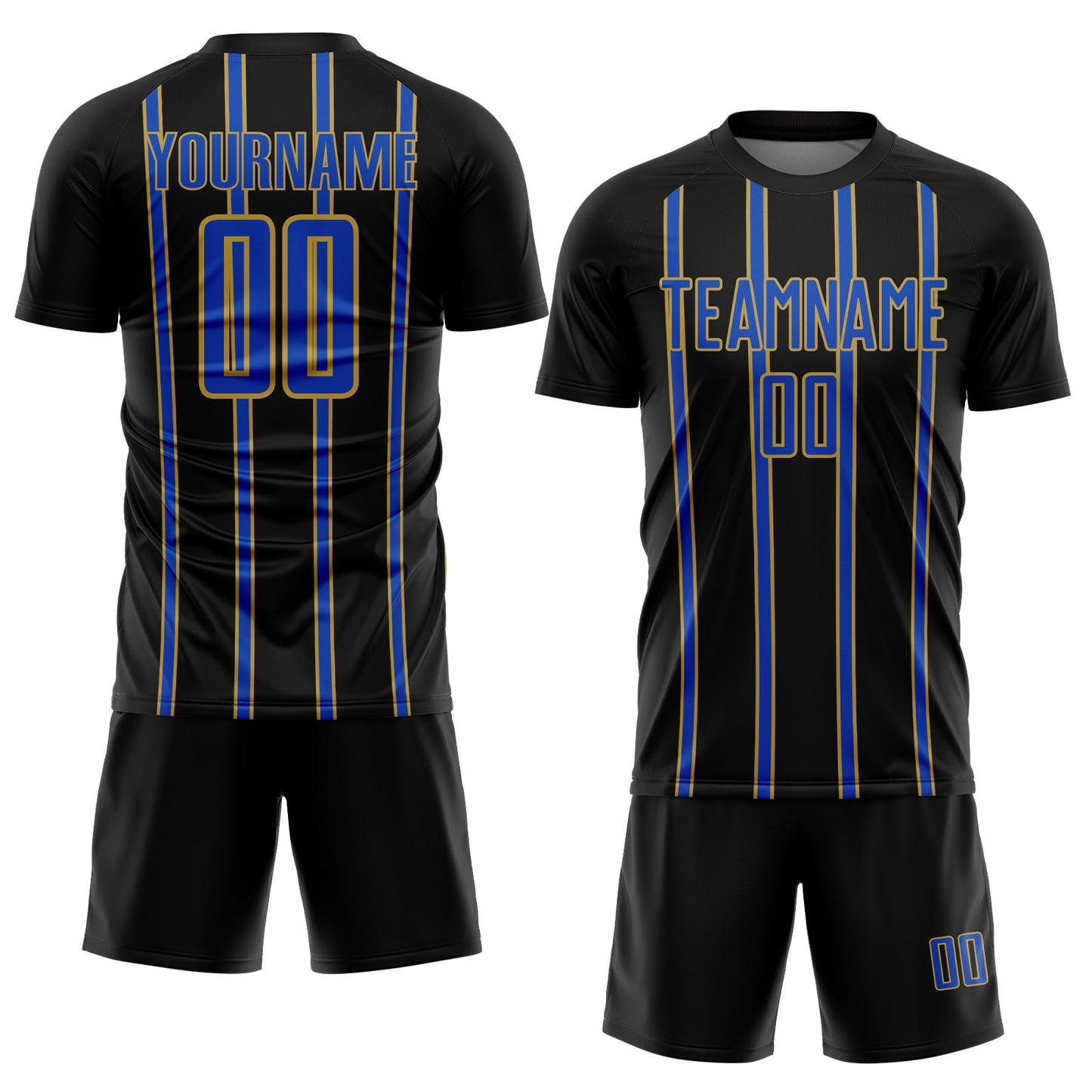 Custom Black Thunder Blue-Old Gold Stripe Line Sublimation Soccer Uniform Jersey view 2