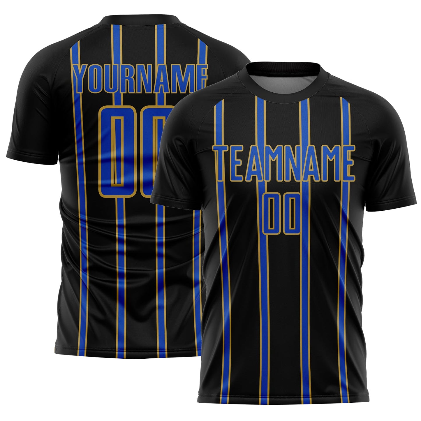 Custom Black Thunder Blue-Old Gold Stripe Line Sublimation Soccer Uniform Jersey - Main View