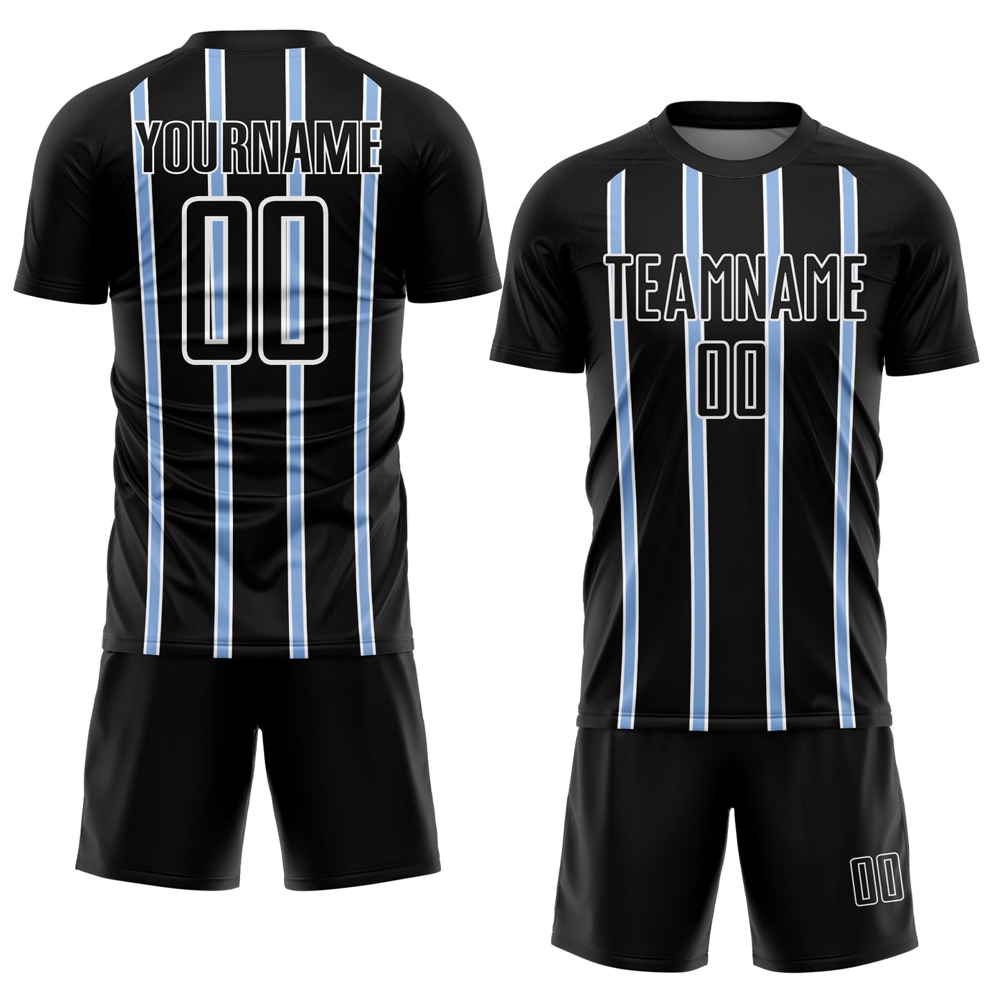 Custom Black Light Blue-White Stripe Line Sublimation Soccer Uniform Jersey view 2