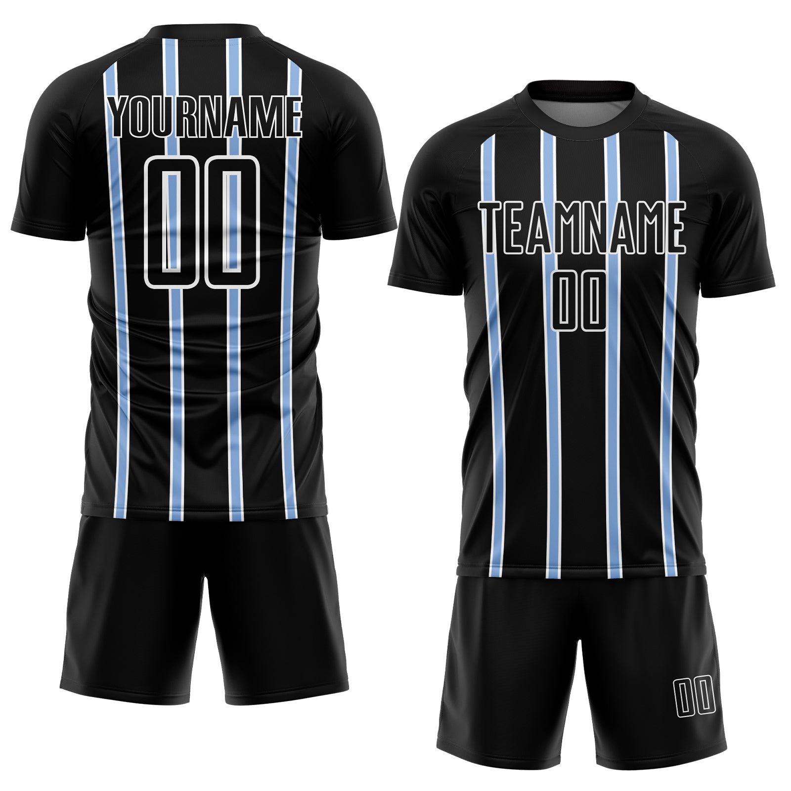 Custom Black Light Blue-White Stripe Line Sublimation Soccer Uniform Jersey view 2