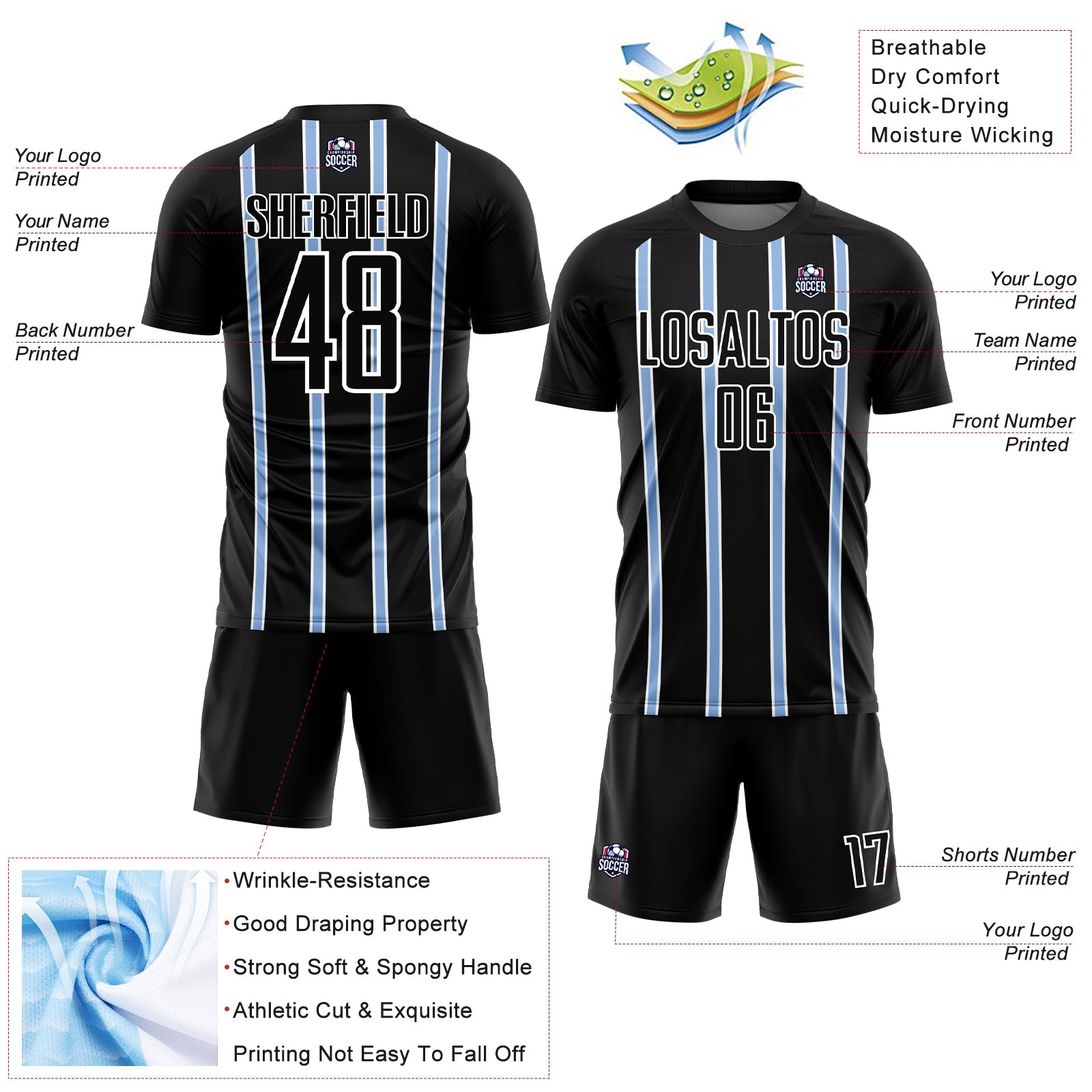 Custom Black Light Blue-White Stripe Line Sublimation Soccer Uniform Jersey view 4