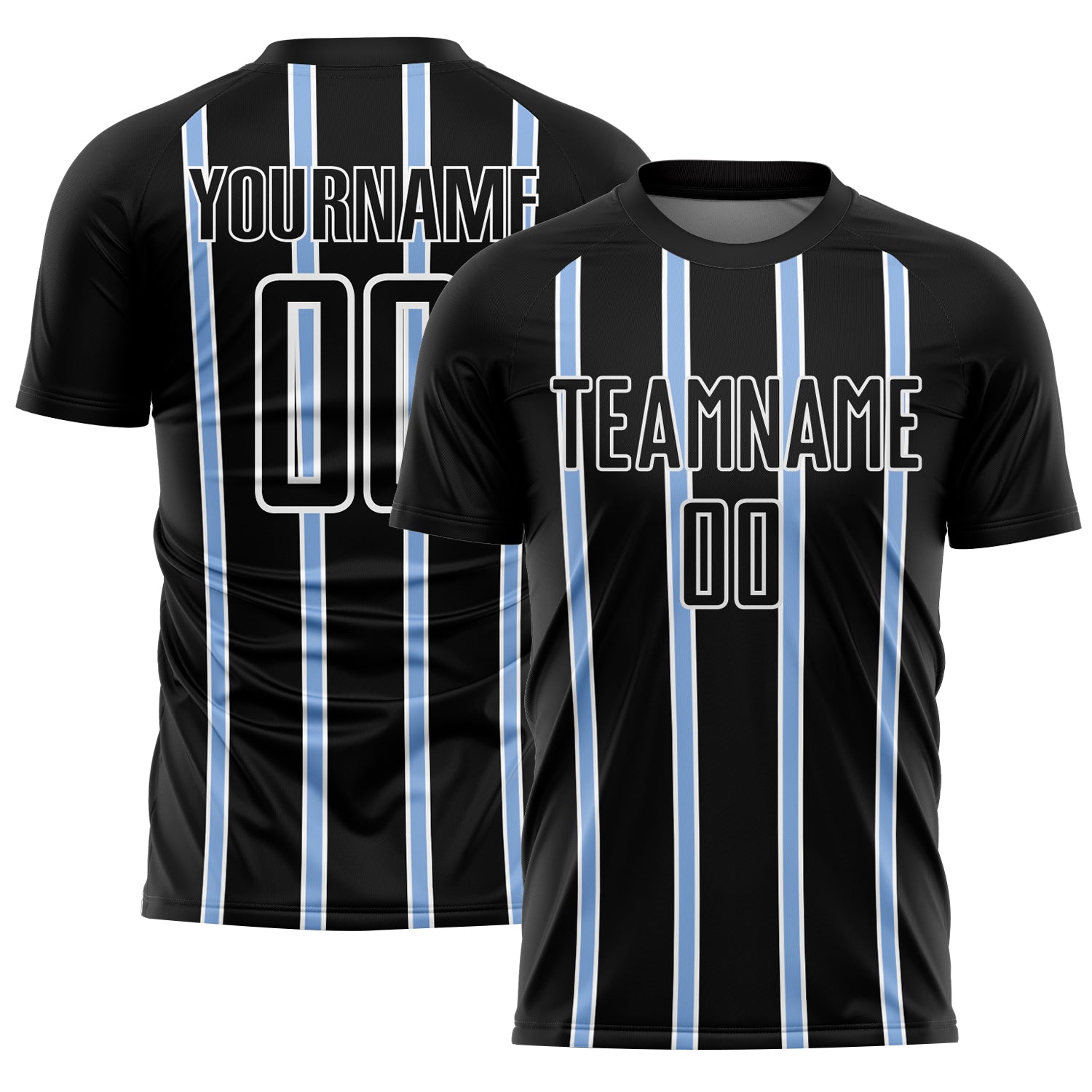 Custom Black Light Blue-White Stripe Line Sublimation Soccer Uniform Jersey - Main View