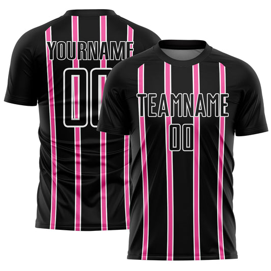 Custom Black Pink-White Stripe Line Sublimation Soccer Uniform Jersey - Main View
