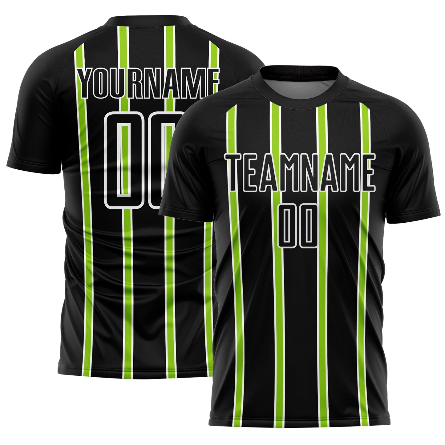 Custom Black Neon Green-White Stripe Line Sublimation Soccer Uniform Jersey - Main View