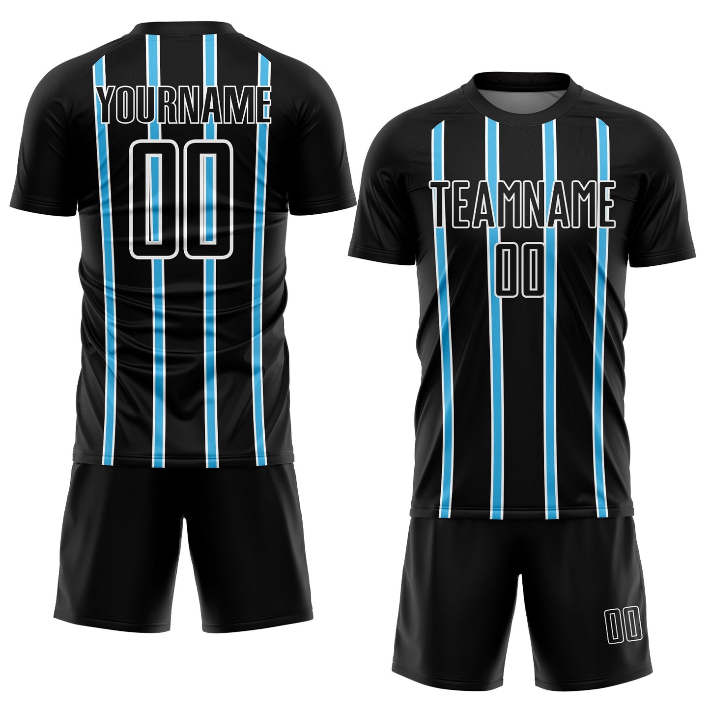 Custom Black Sky Blue-White Stripe Line Sublimation Soccer Uniform Jersey view 2