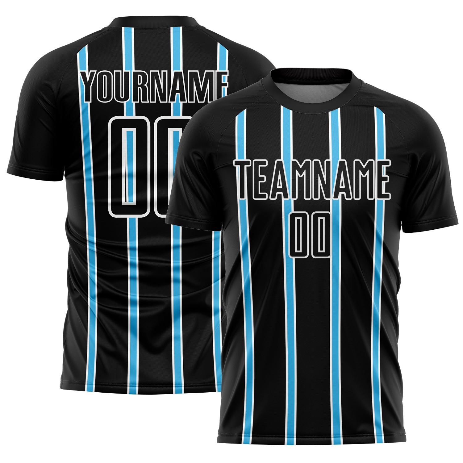 Custom Black Sky Blue-White Stripe Line Sublimation Soccer Uniform Jersey - Main View