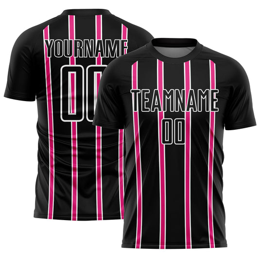 Custom Black Hot Pink-White Stripe Line Sublimation Soccer Uniform Jersey - Main View