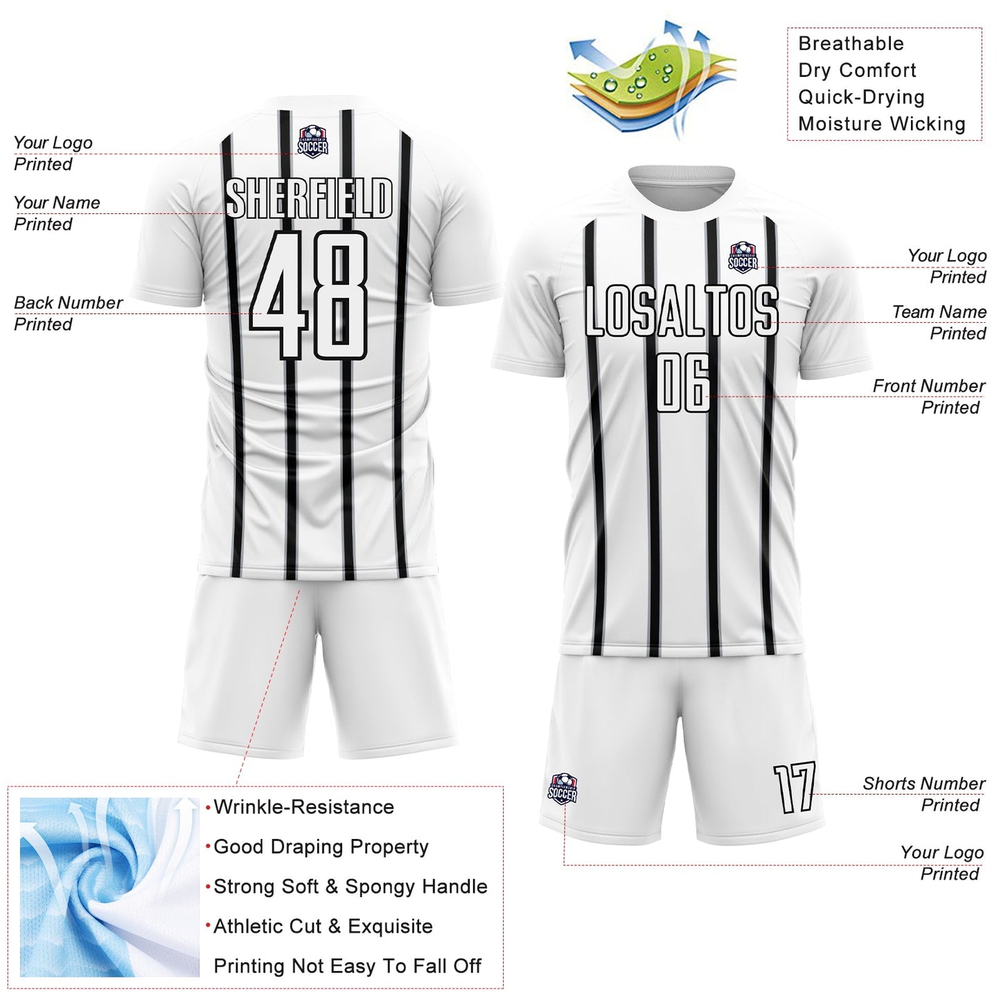 Custom White Black-Gray Stripe Line Sublimation Soccer Uniform Jersey view 4
