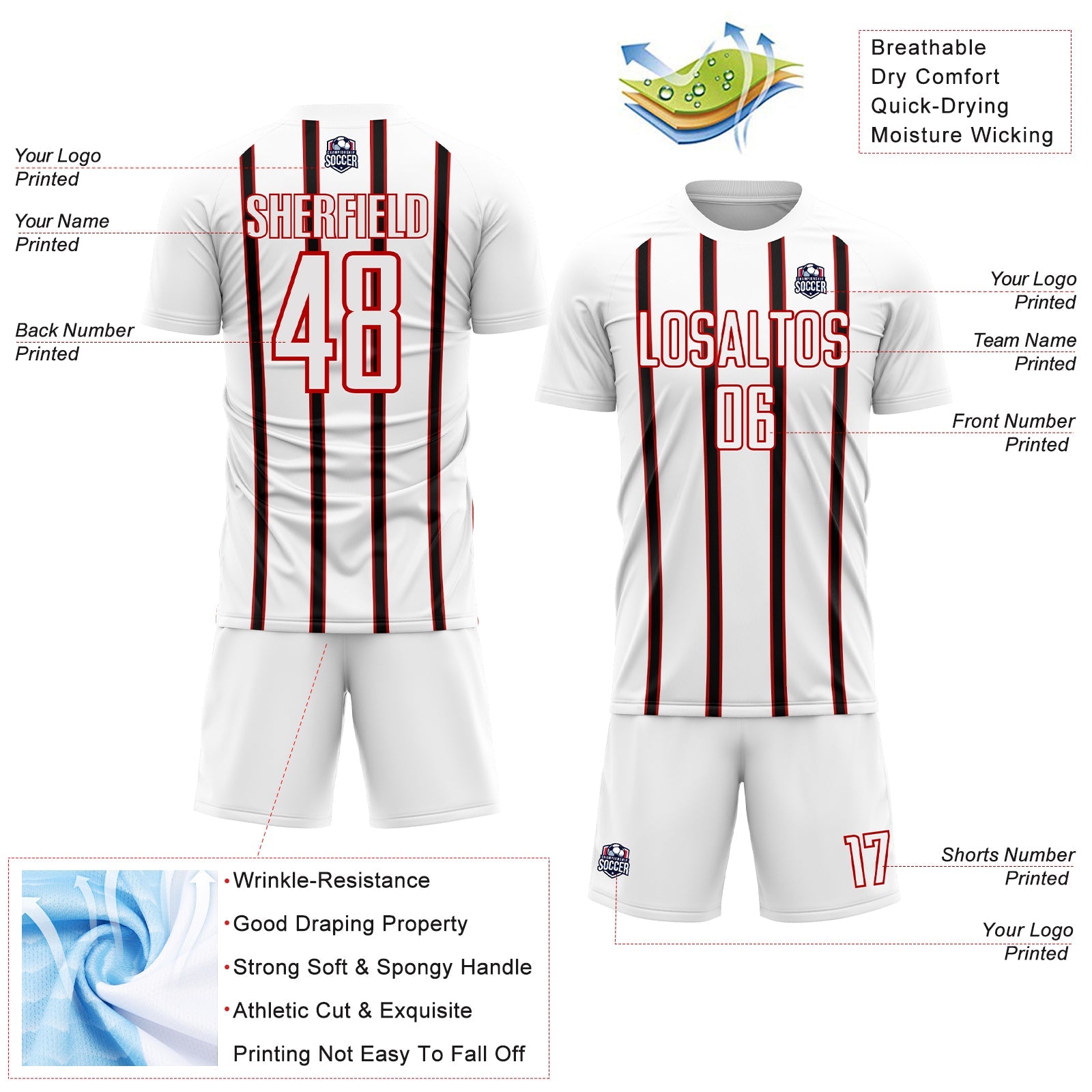 Custom White Black-Red Stripe Line Sublimation Soccer Uniform Jersey view 4
