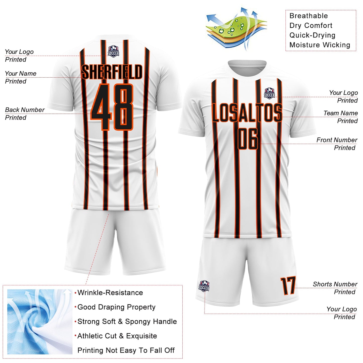 Custom White Black-Orange Stripe Line Sublimation Soccer Uniform Jersey view 4