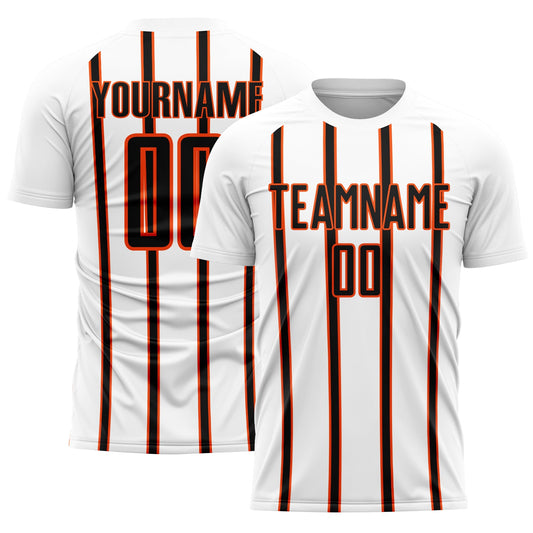 Custom White Black-Orange Stripe Line Sublimation Soccer Uniform Jersey - Main View