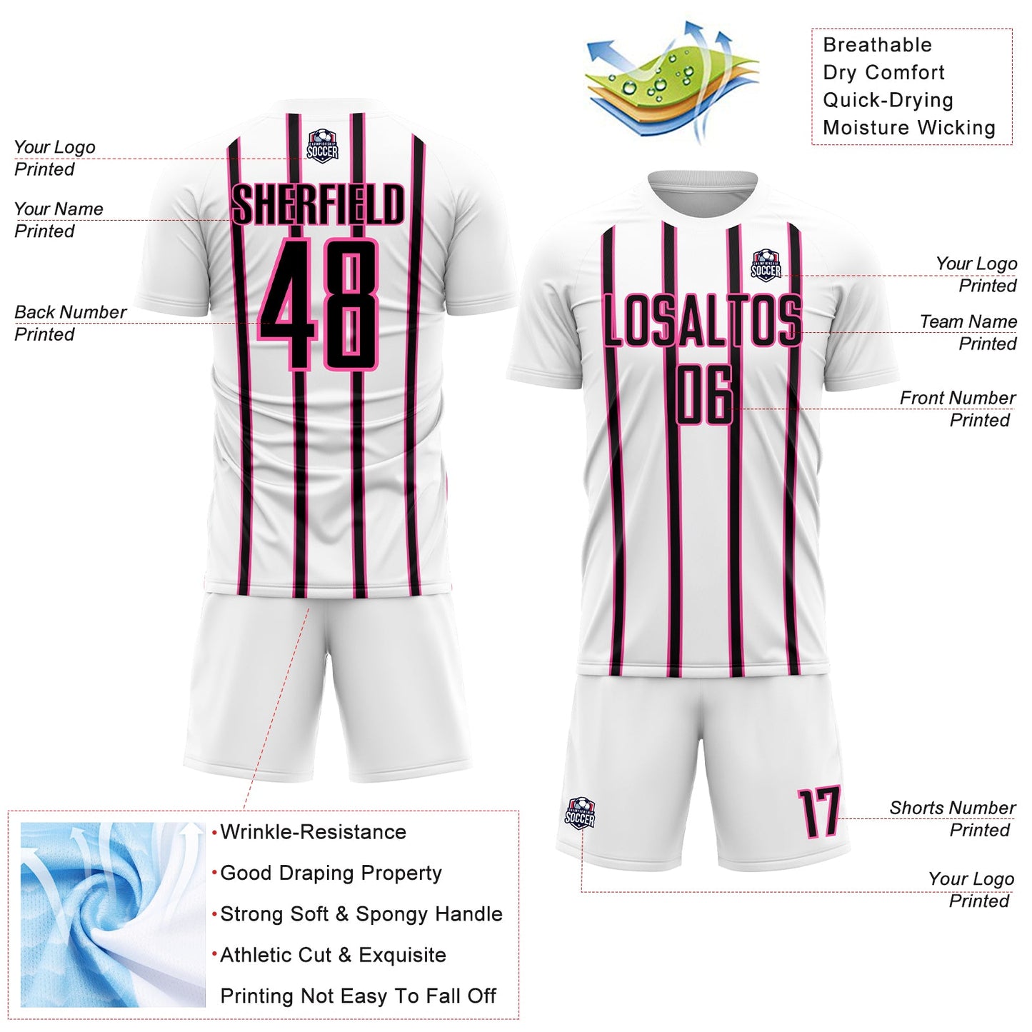 Custom White Black-Pink Stripe Line Sublimation Soccer Uniform Jersey view 4