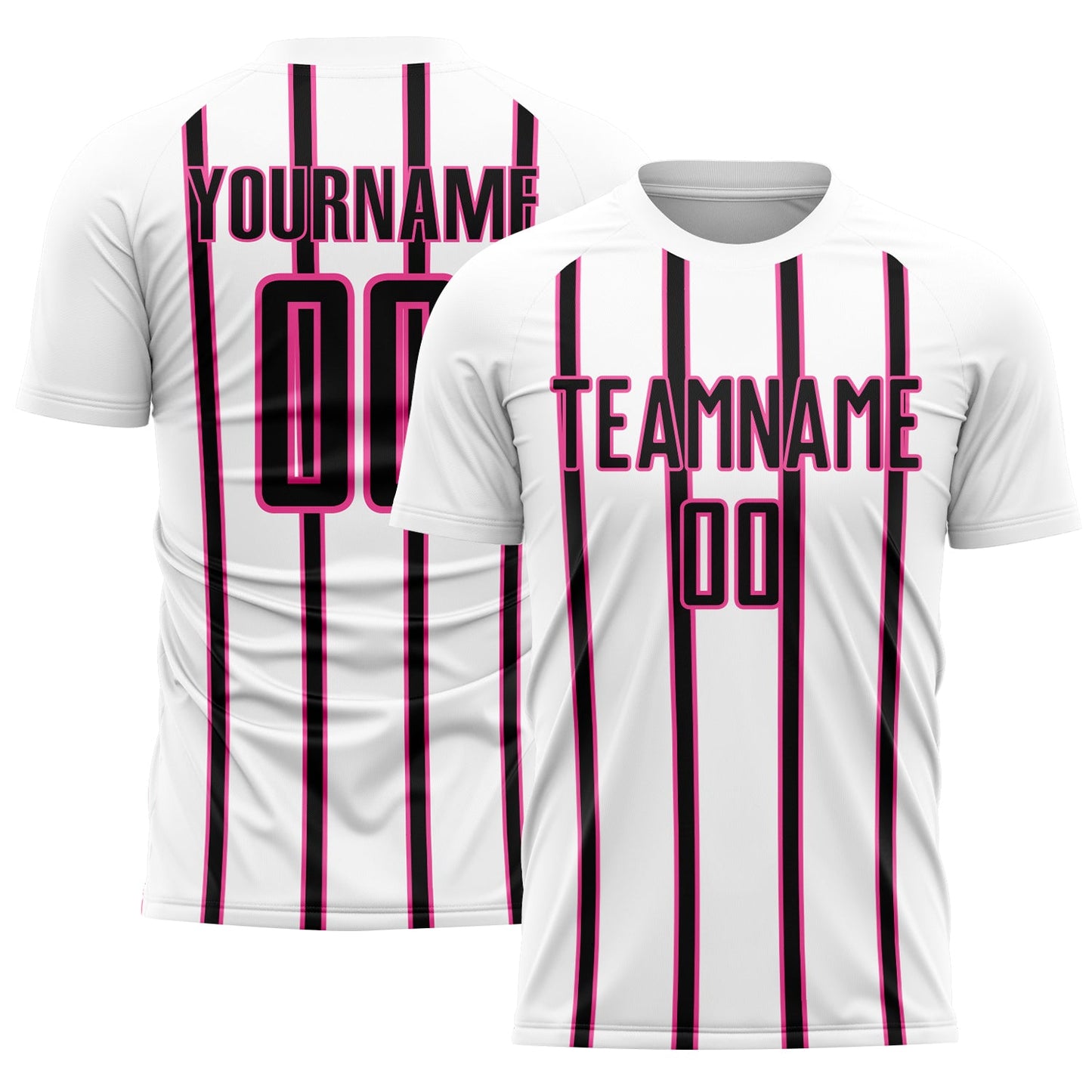 Custom White Black-Pink Stripe Line Sublimation Soccer Uniform Jersey - Main View