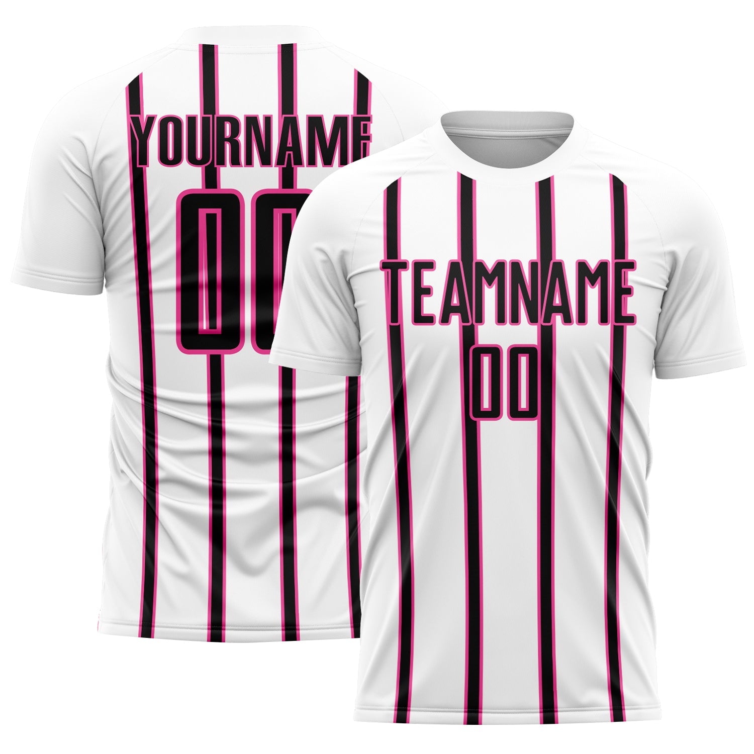 Custom White Black-Pink Stripe Line Sublimation Soccer Uniform Jersey - Main View