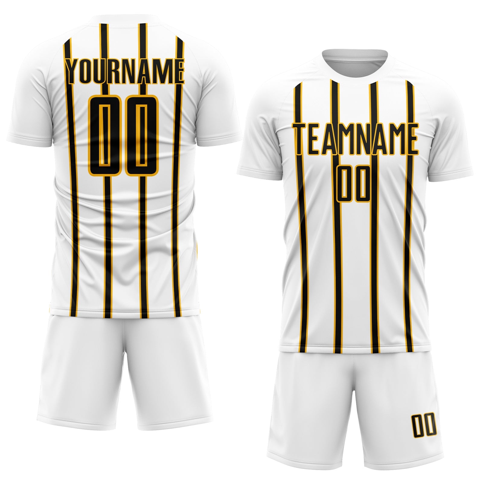 Custom White Black-Gold Stripe Line Sublimation Soccer Uniform Jersey view 2