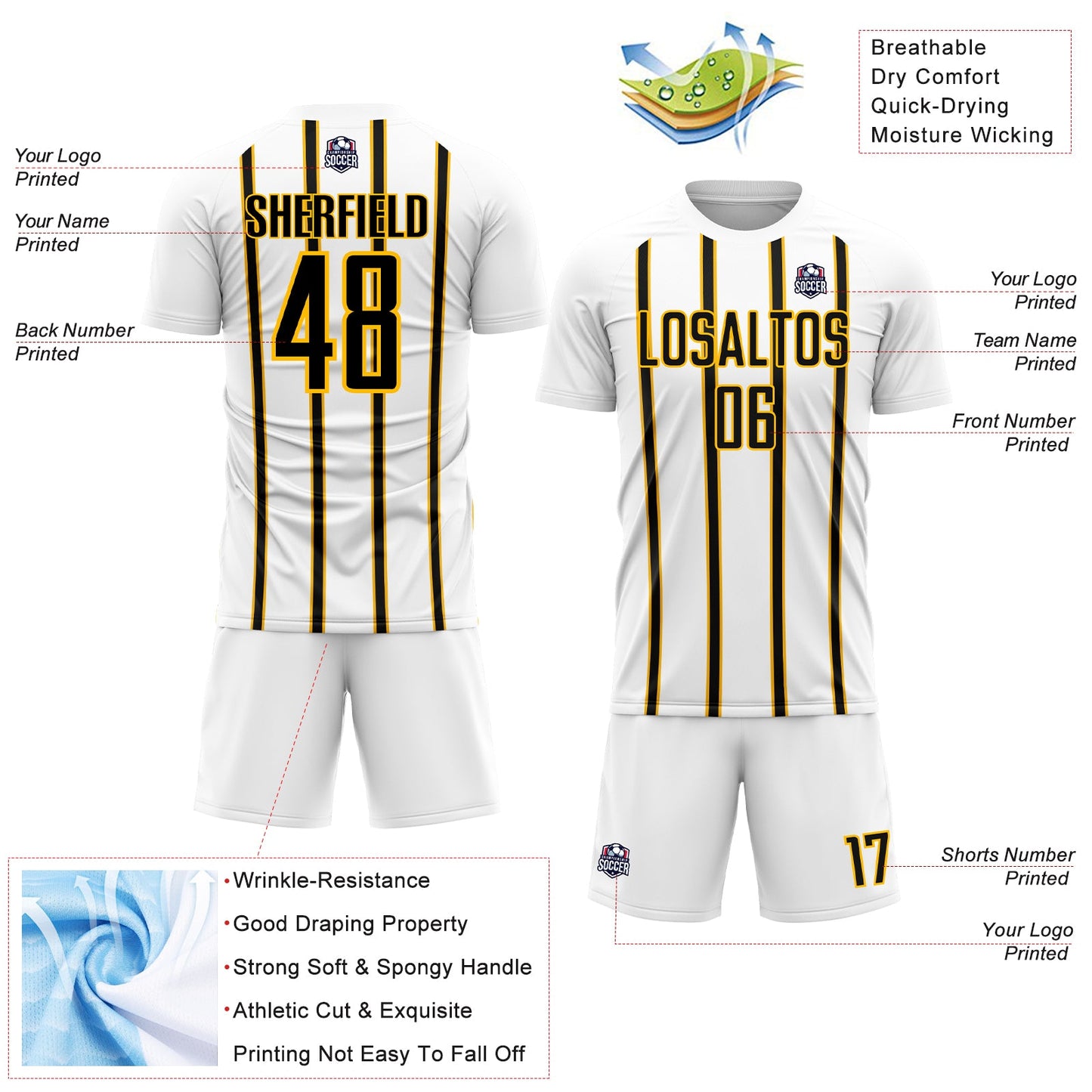 Custom White Black-Gold Stripe Line Sublimation Soccer Uniform Jersey view 4