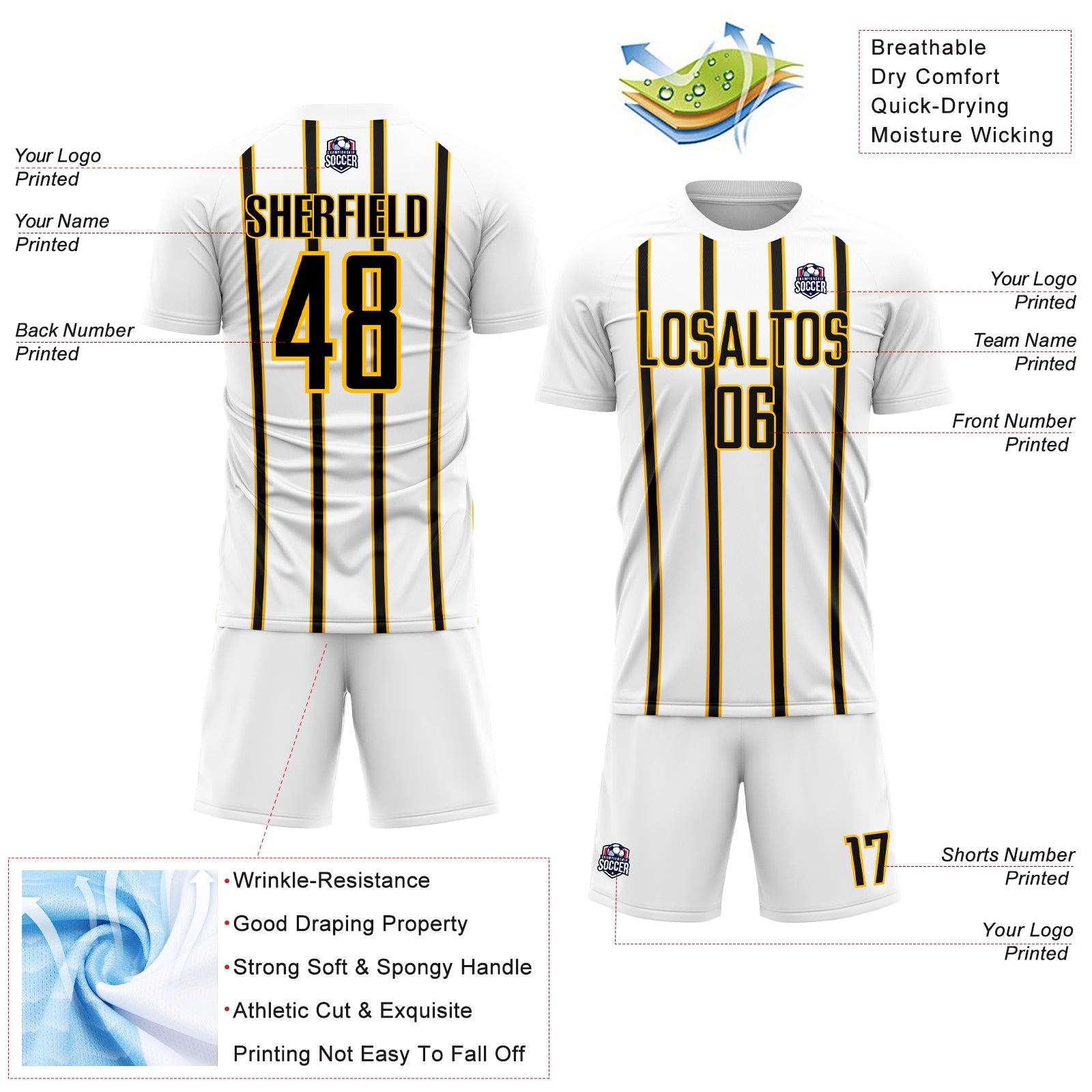 Custom White Black-Gold Stripe Line Sublimation Soccer Uniform Jersey view 4