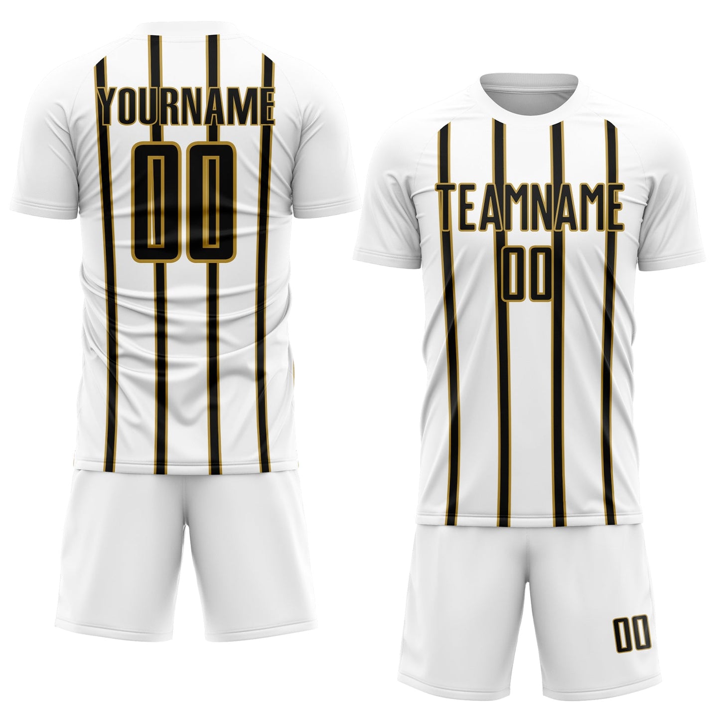 Custom White Black-Old Gold Stripe Line Sublimation Soccer Uniform Jersey view 2