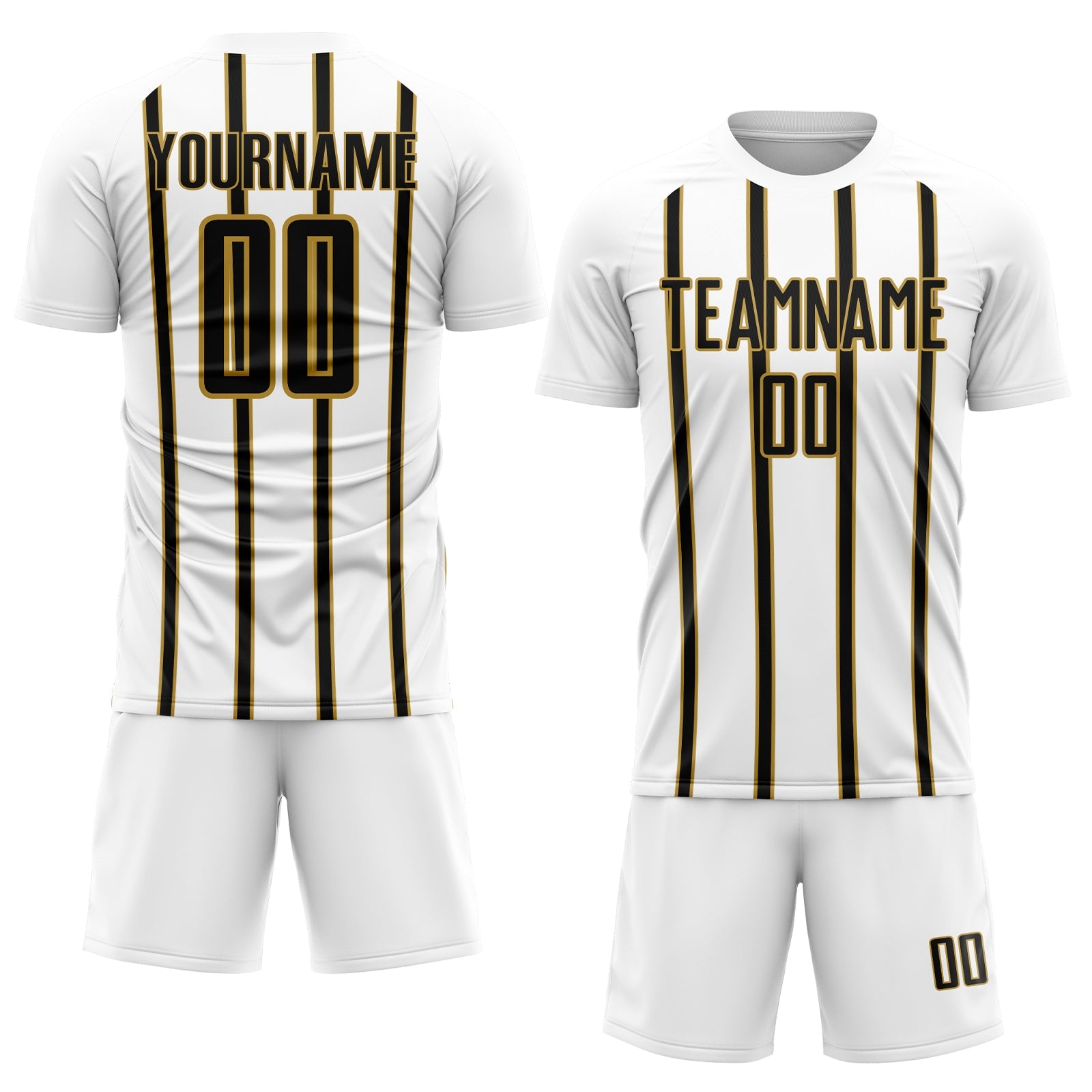 Custom White Black-Old Gold Stripe Line Sublimation Soccer Uniform Jersey view 2