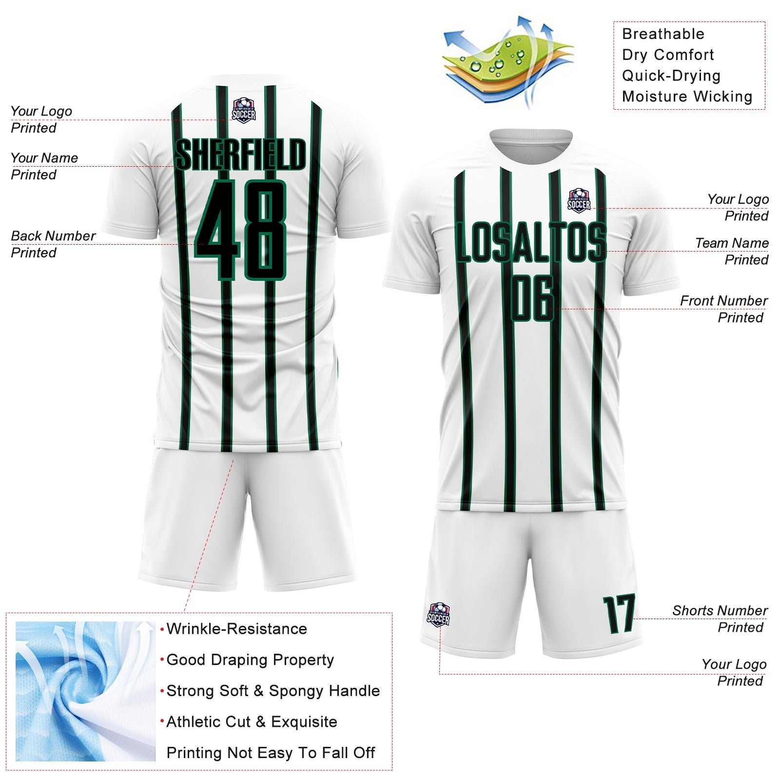 Custom White Black-Kelly Green Stripe Line Sublimation Soccer Uniform Jersey view 4