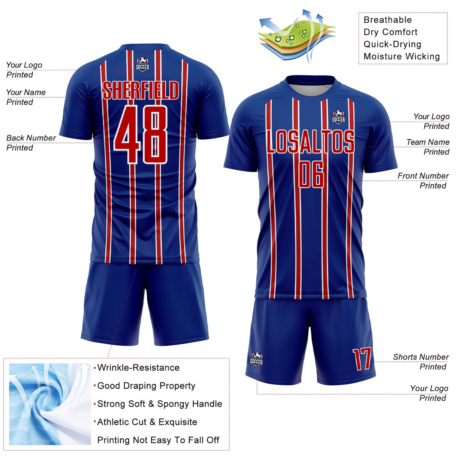 Custom Royal Red-White Stripe Line Sublimation Soccer Uniform Jersey view 4