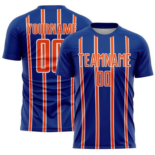 Custom Royal Orange-White Stripe Line Sublimation Soccer Uniform Jersey - Main View