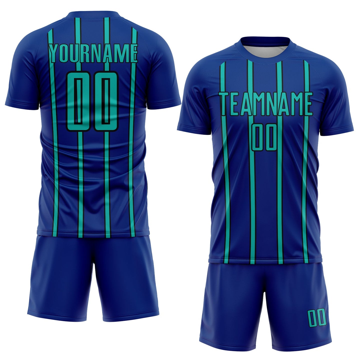 Custom Royal Aqua-Black Stripe Line Sublimation Soccer Uniform Jersey view 2