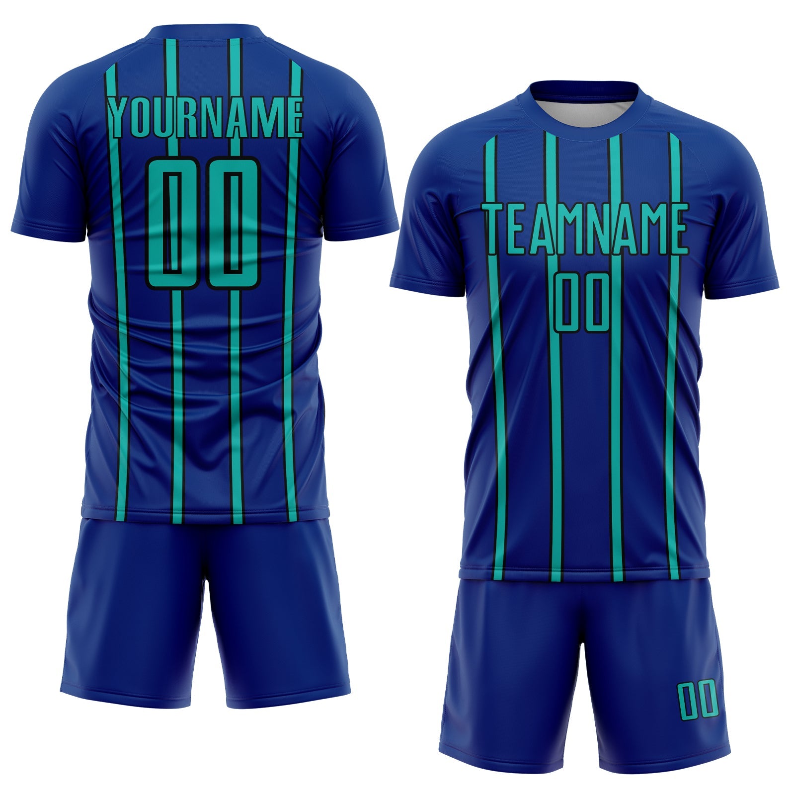 Custom Royal Aqua-Black Stripe Line Sublimation Soccer Uniform Jersey view 2