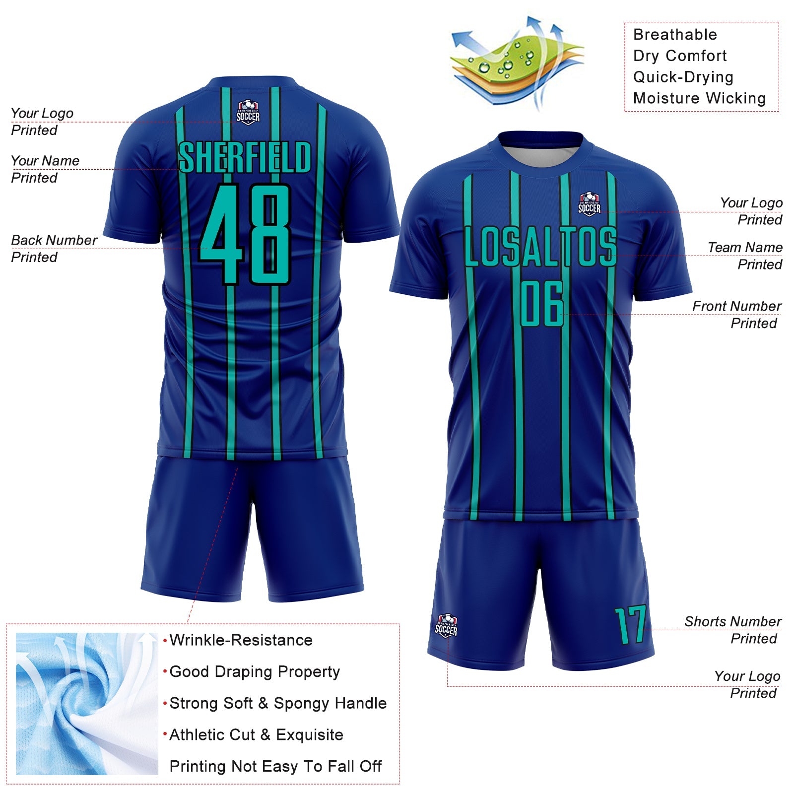Custom Royal Aqua-Black Stripe Line Sublimation Soccer Uniform Jersey view 4