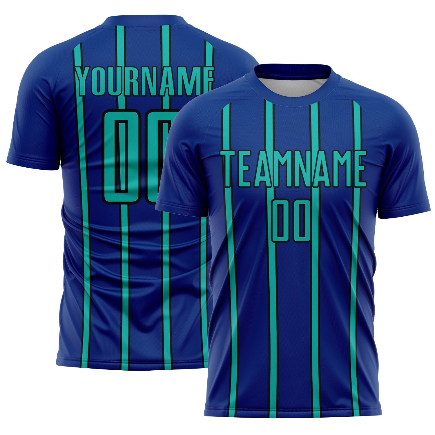 Custom Royal Aqua-Black Stripe Line Sublimation Soccer Uniform Jersey - Main View