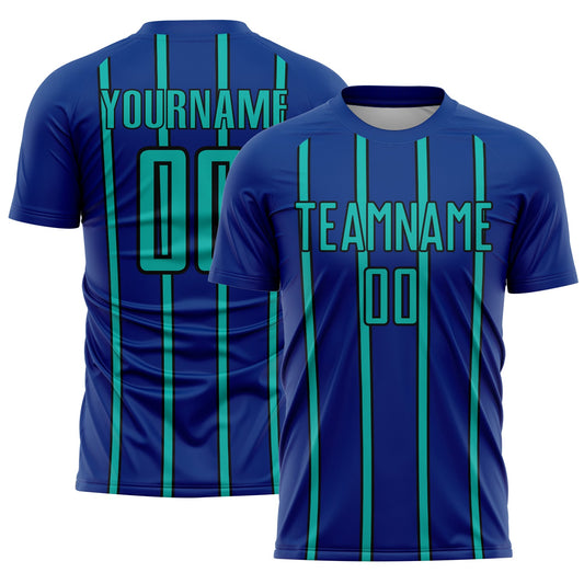 Custom Royal Aqua-Black Stripe Line Sublimation Soccer Uniform Jersey - Main View