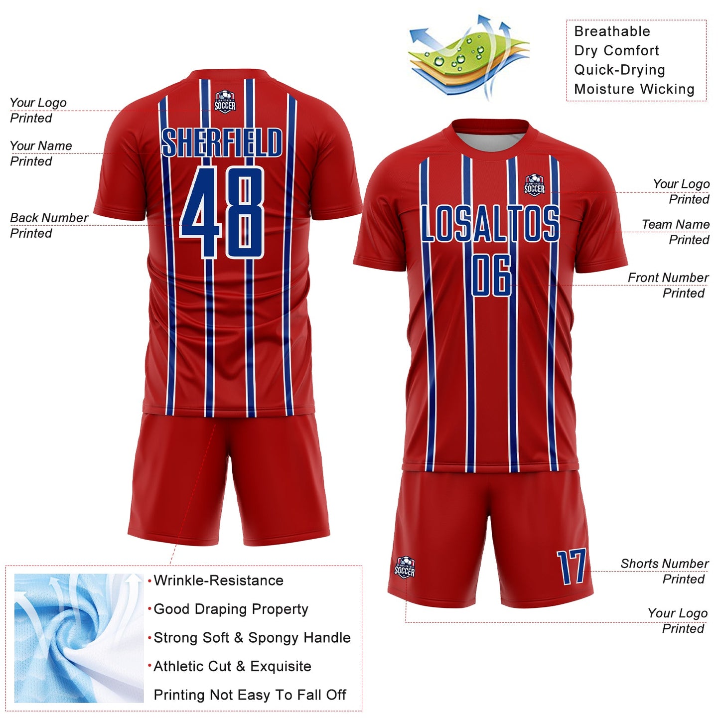 Custom Red Royal-White Stripe Line Sublimation Soccer Uniform Jersey view 4