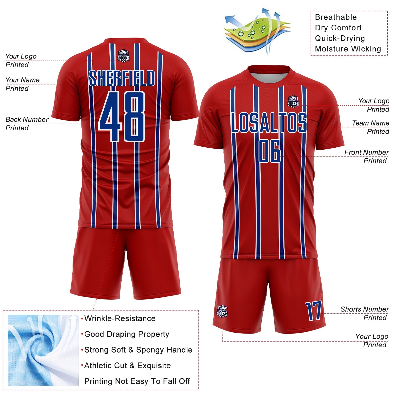 Custom Red Royal-White Stripe Line Sublimation Soccer Uniform Jersey view 4