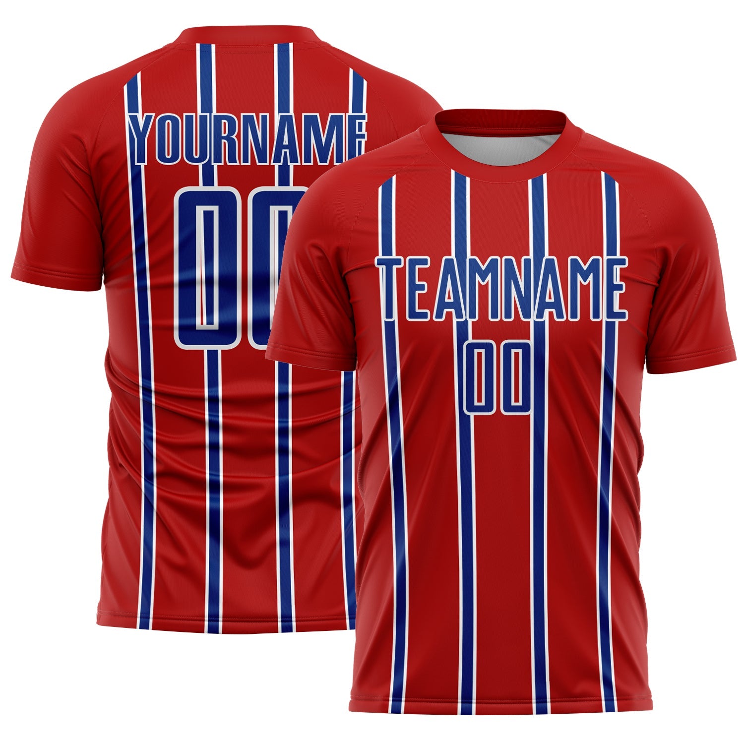 Custom Red Royal-White Stripe Line Sublimation Soccer Uniform Jersey - Main View