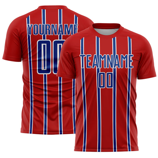 Custom Red Royal-White Stripe Line Sublimation Soccer Uniform Jersey - Main View