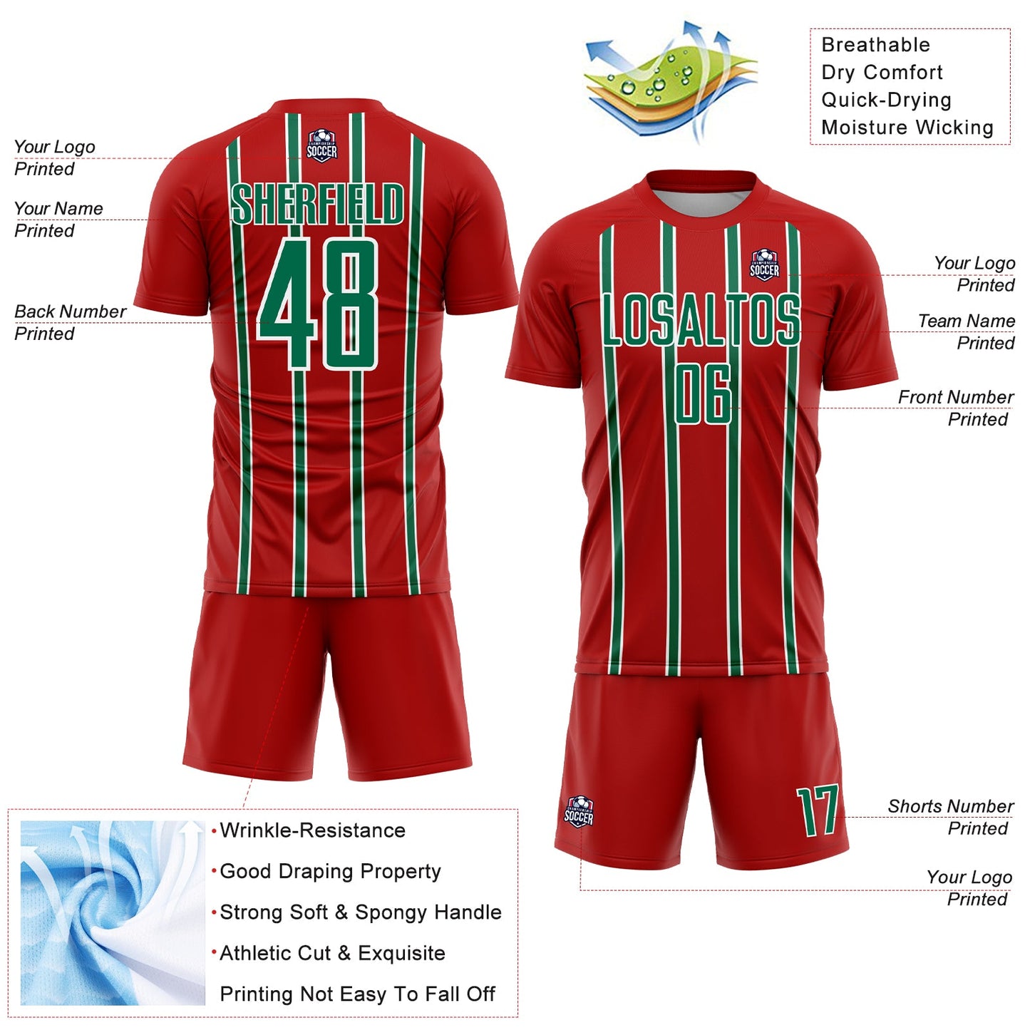 Custom Red Kelly Green-White Stripe Line Sublimation Soccer Uniform Jersey view 4