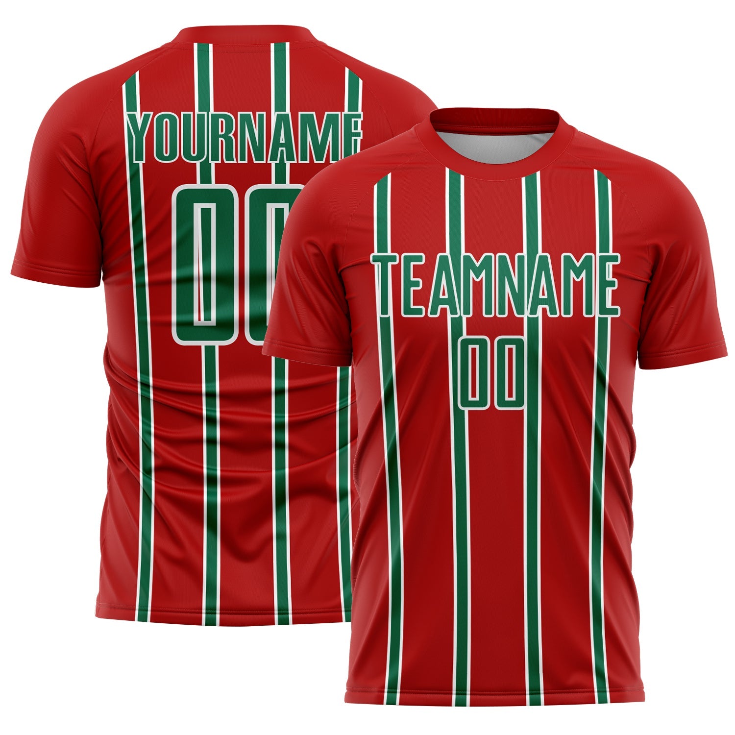 Custom Red Kelly Green-White Stripe Line Sublimation Soccer Uniform Jersey - Main View